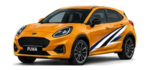 Ford Puma in Cyber Orange with custom vinyl graphics, front three-quarter view.