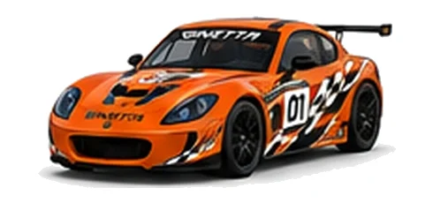 Ginetta G40 Junior in Orange with custom vinyl graphics, front three-quarter view.