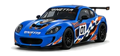 Ginetta G40 Junior in Blue with custom vinyl graphics, front three-quarter view.
