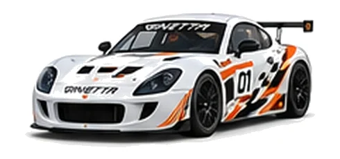Ginetta G50 in White with custom vinyl graphics, front three-quarter view.