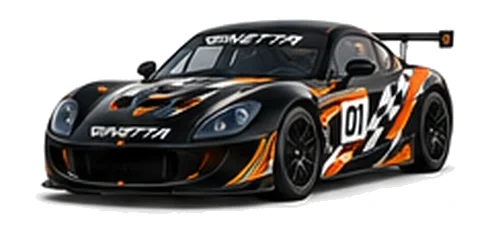 Ginetta G50 in Black with custom vinyl graphics, front three-quarter view.