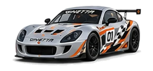 Ginetta G50 in Silver with custom vinyl graphics, front three-quarter view.