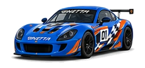 Ginetta G50 in Blue with custom vinyl graphics, front three-quarter view.