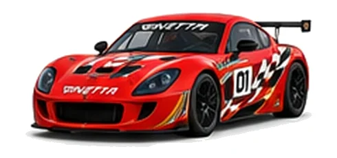 Ginetta G50 in Red with custom vinyl graphics, front three-quarter view.