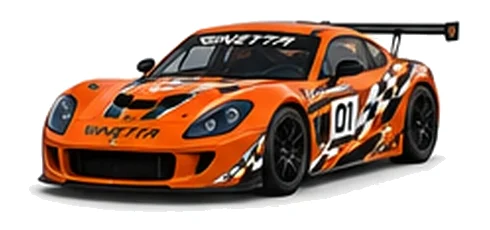 Ginetta G55 Cup in Orange with custom vinyl graphics, front three-quarter view.