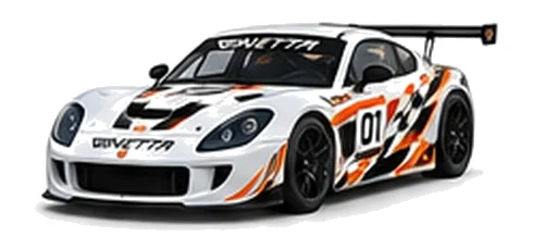 Ginetta G55 Cup in White with custom vinyl graphics, front three-quarter view.