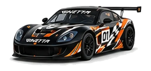 Ginetta G55 Cup in Black with custom vinyl graphics, front three-quarter view.
