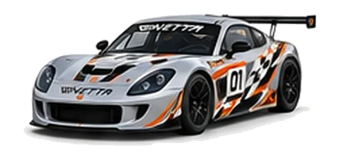 Ginetta G55 Cup in Silver with custom vinyl graphics, front three-quarter view.