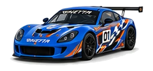 Ginetta G55 Cup in Blue with custom vinyl graphics, front three-quarter view.