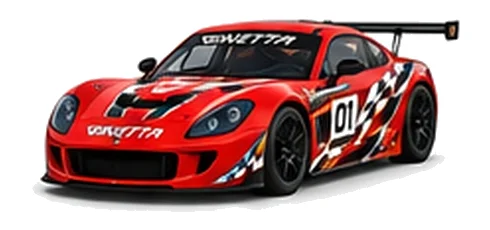 Ginetta G55 Cup in Red with custom vinyl graphics, front three-quarter view.