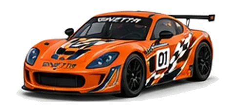 Ginetta G56 GT4 Evo in Orange with custom vinyl graphics, front three-quarter view.