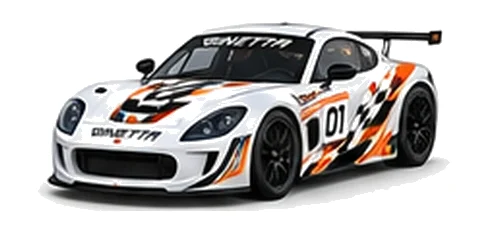 Ginetta G56 GT4 Evo in White with custom vinyl graphics, front three-quarter view.