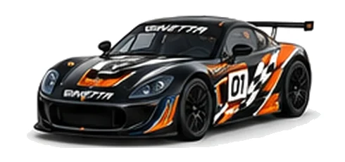 Ginetta G56 GT4 Evo in Black with custom vinyl graphics, front three-quarter view.