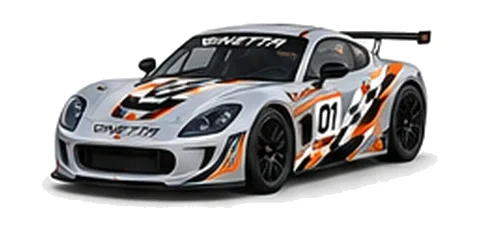 Ginetta G56 GT4 Evo in Silver with custom vinyl graphics, front three-quarter view.