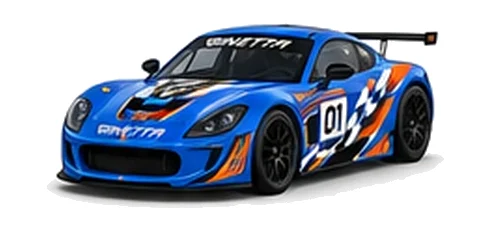 Ginetta G56 GT4 Evo in Blue with custom vinyl graphics, front three-quarter view.