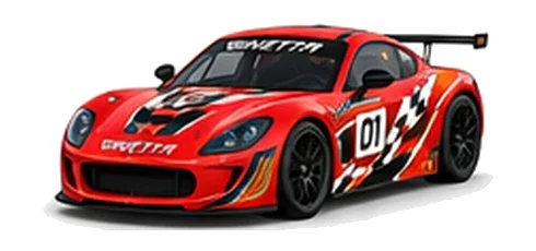 Ginetta G56 GT4 Evo in Red with custom vinyl graphics, front three-quarter view.