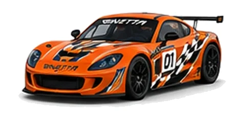Ginetta G56 GTA in Orange with custom vinyl graphics, front three-quarter view.