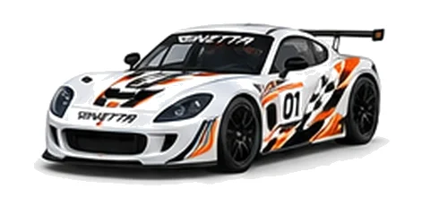Ginetta G56 GTA in White with custom vinyl graphics, front three-quarter view.