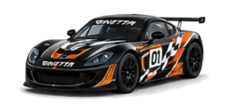 Ginetta G56 GTA in Black with custom vinyl graphics, front three-quarter view.