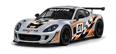 Ginetta G56 GTA in Silver with custom vinyl graphics, front three-quarter view.