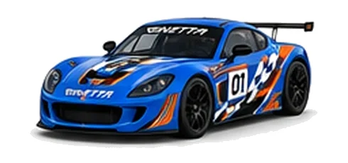 Ginetta G56 GTA in Blue with custom vinyl graphics, front three-quarter view.