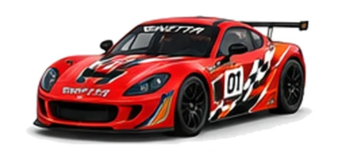 Ginetta G56 GTA in Red with custom vinyl graphics, front three-quarter view.