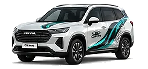 Great Wall Motors Haval H6 in Moonlight White with custom vinyl graphics, front three-quarter view.