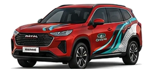 Great Wall Motors Haval H6 in Mars Red with custom vinyl graphics, front three-quarter view.