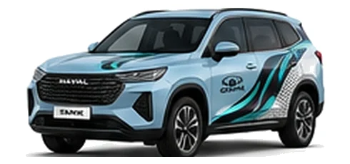 Great Wall Motors Haval H6 in Glacier Blue with custom vinyl graphics, front three-quarter view.
