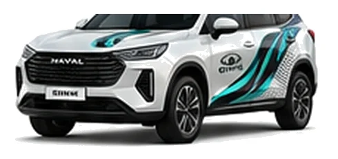 Great Wall Motors Haval Jolion in Moonlight White with custom vinyl graphics, front three-quarter view.