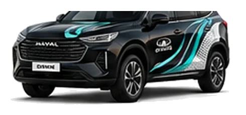 Great Wall Motors Haval Jolion in Starry Black with custom vinyl graphics, front three-quarter view.