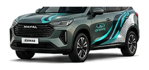Great Wall Motors Haval Jolion in Nebula Green with custom vinyl graphics, front three-quarter view.