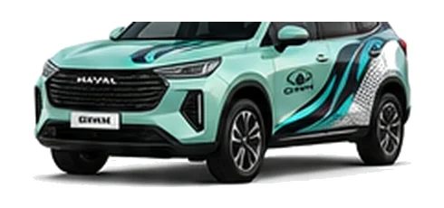Great Wall Motors Haval Jolion in Aurora Green with custom vinyl graphics, front three-quarter view.
