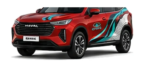 Great Wall Motors Haval Jolion in Mars Red with custom vinyl graphics, front three-quarter view.