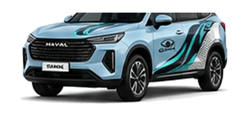 Great Wall Motors Haval Jolion in Glacier Blue with custom vinyl graphics, front three-quarter view.