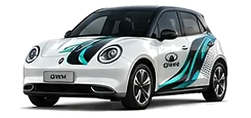 Great Wall Motors ORA 03 in Moonlight White with custom vinyl graphics, front three-quarter view.