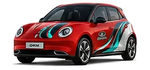 Great Wall Motors ORA 03 in Mars Red with custom vinyl graphics, front three-quarter view.