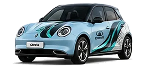 Great Wall Motors ORA 03 in Glacier Blue with custom vinyl graphics, front three-quarter view.