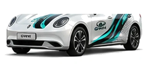Great Wall Motors ORA 07 in Moonlight White with custom vinyl graphics, front three-quarter view.