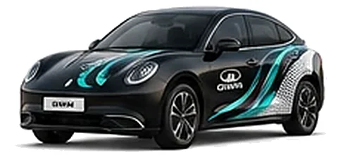 Great Wall Motors ORA 07 in Starry Black with custom vinyl graphics, front three-quarter view.
