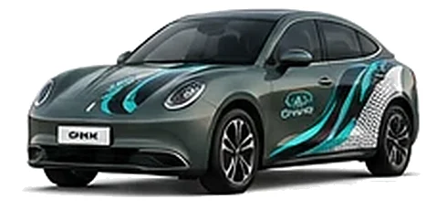 Great Wall Motors ORA 07 in Nebula Green with custom vinyl graphics, front three-quarter view.