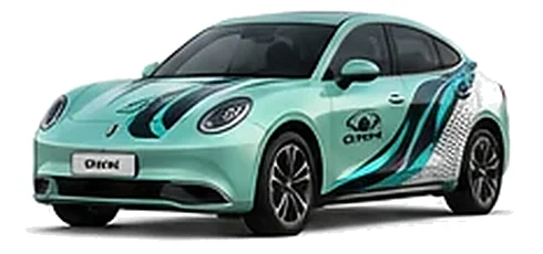 Great Wall Motors ORA 07 in Aurora Green with custom vinyl graphics, front three-quarter view.