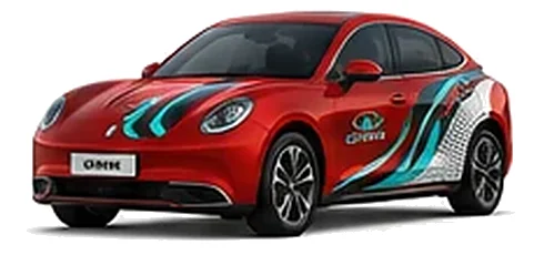 Great Wall Motors ORA 07 in Mars Red with custom vinyl graphics, front three-quarter view.