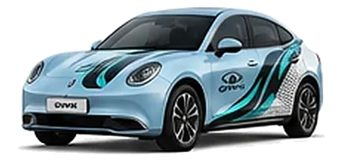 Great Wall Motors ORA 07 in Glacier Blue with custom vinyl graphics, front three-quarter view.