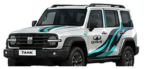 Great Wall Motors Tank 300 in Moonlight White with custom vinyl graphics, front three-quarter view.