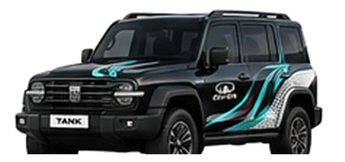 Great Wall Motors Tank 300 in Starry Black with custom vinyl graphics, front three-quarter view.
