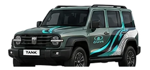 Great Wall Motors Tank 300 in Nebula Green with custom vinyl graphics, front three-quarter view.