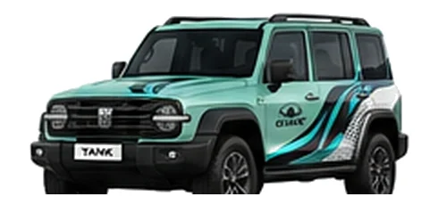 Great Wall Motors Tank 300 in Aurora Green with custom vinyl graphics, front three-quarter view.