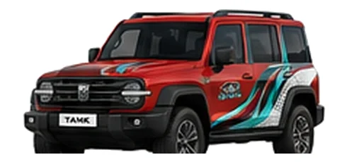 Great Wall Motors Tank 300 in Mars Red with custom vinyl graphics, front three-quarter view.