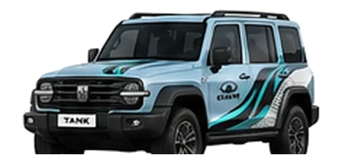 Great Wall Motors Tank 300 in Glacier Blue with custom vinyl graphics, front three-quarter view.